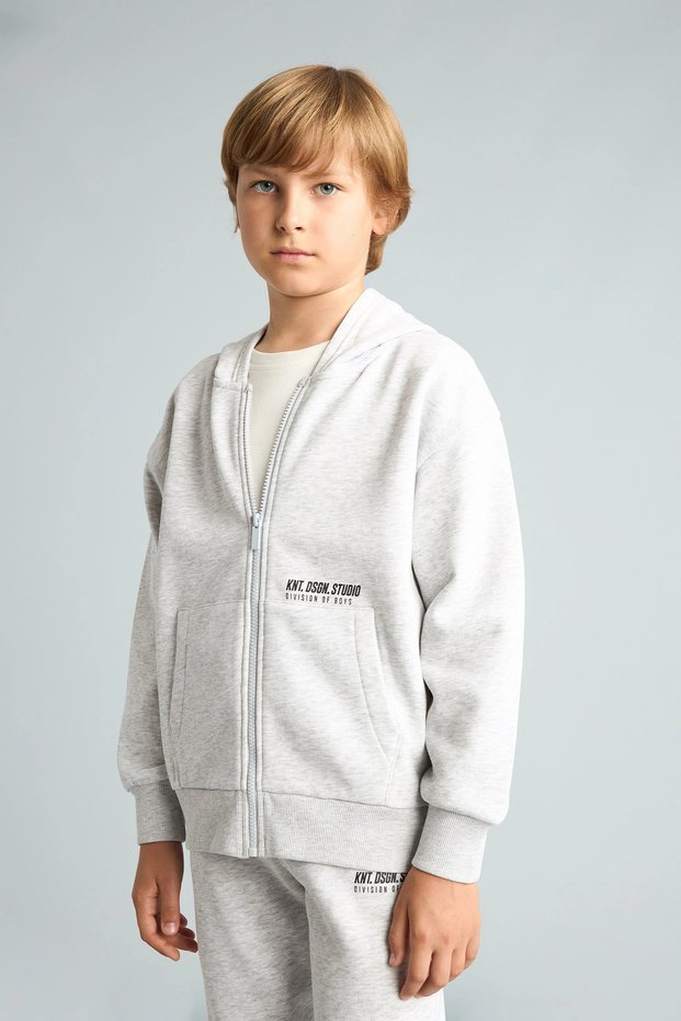 H9681A8Gr400 Gray Printed Hooded Zippered Pocket Sweatshirt Cardigan for Boys