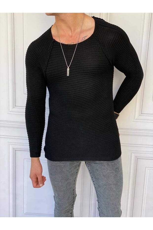 Slim Fit Steel Knitted Open Collar Sweater