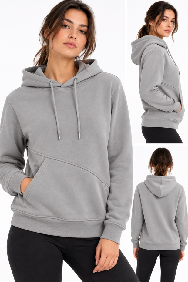 Women's Sweatshirt with Side Pockets 3 Yarns (Soft Puff Fabric) Winter Smoked Gray Brown Black Stone