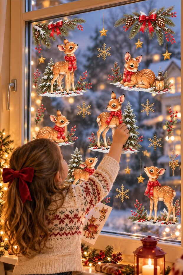 New Year's Baby Deer Glass and Wall Sticker Set - Snowy Pine Tree