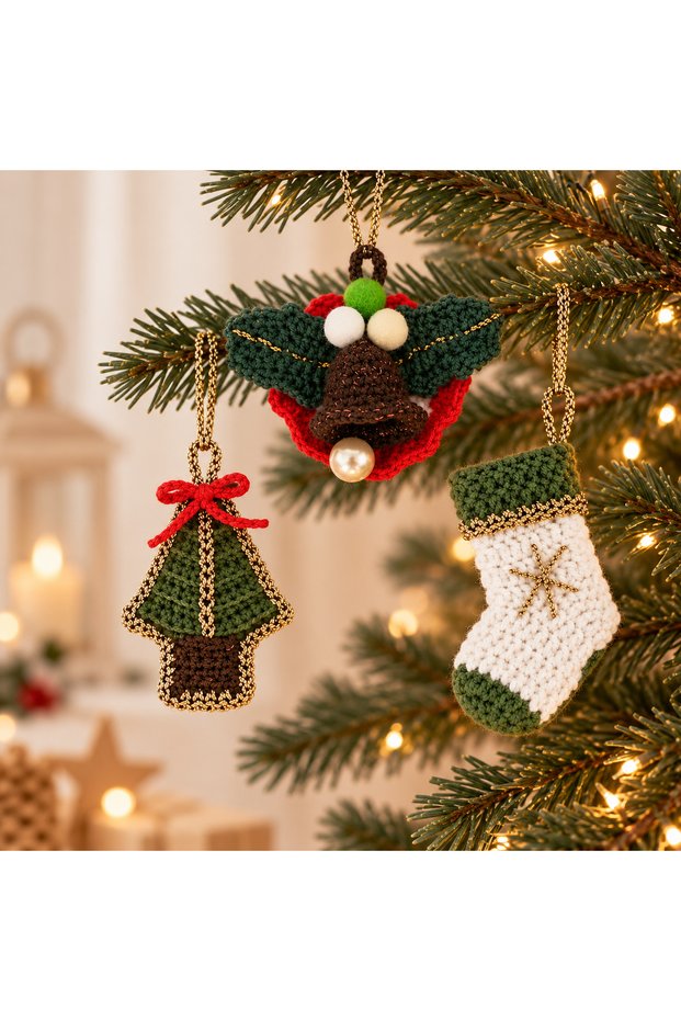 Hand Knitted Christmas Tree Ornament Set of 3 Decorative Ornaments with Pine Tree Socks and Bell Figures
