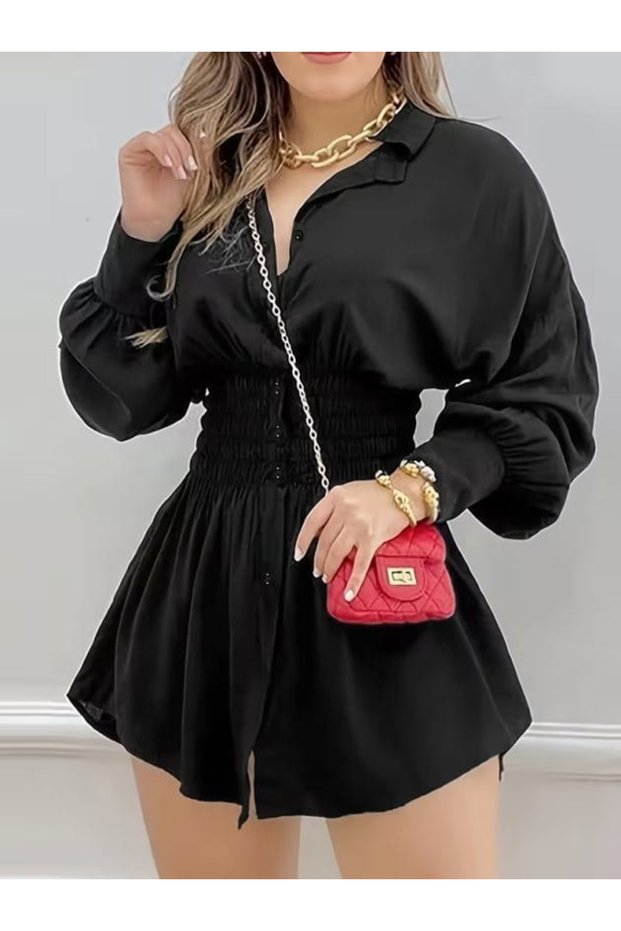 Women's long sleeve collared elastic waist knitted dress