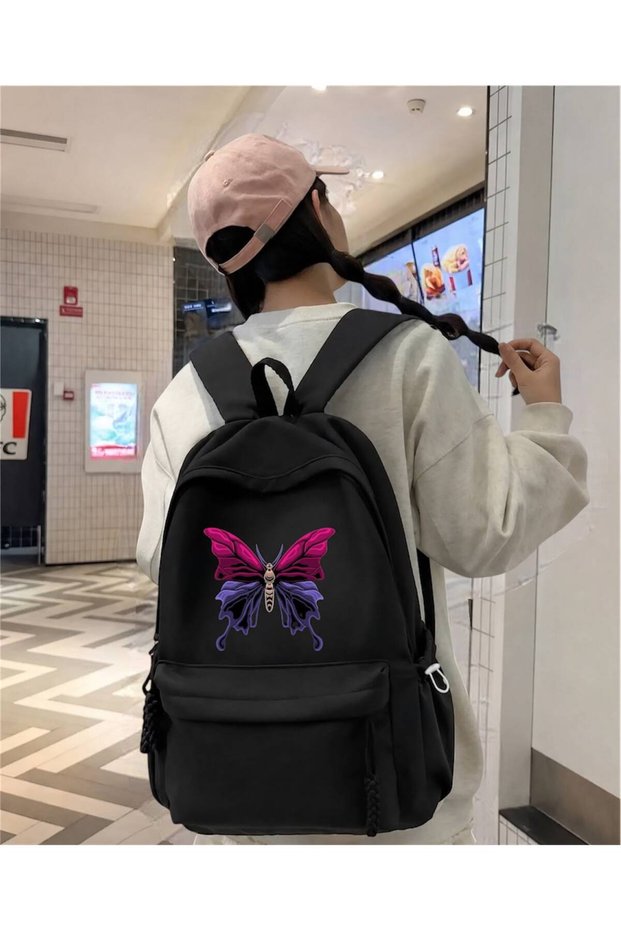 Black Butterfly Purple Printed School, Class, Course Backpack