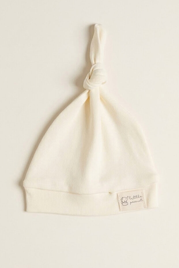 100% Cotton Interlock Little Peanut Elephant Embroidered Top-Tie Knotted Baby Beanie Hat 0-6 Months