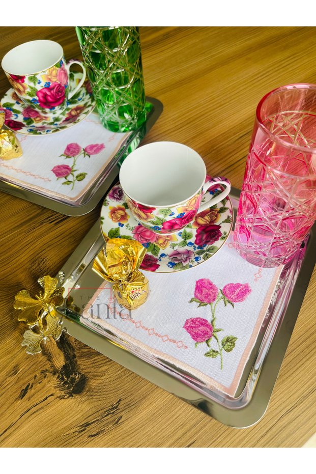 Rose Embroidered Coffee Presentation Napkin 2Pcs