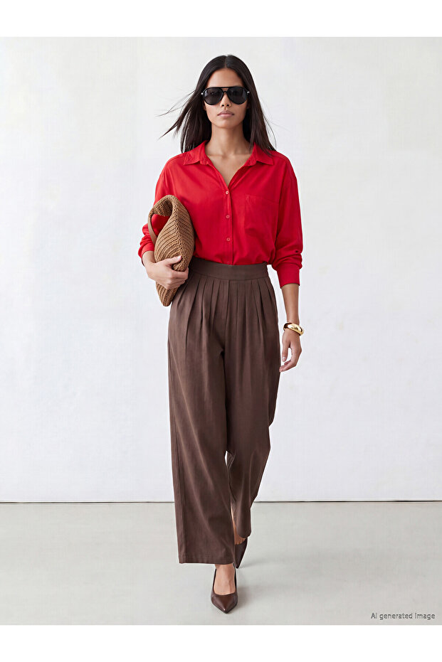 Alita City Lcw Modest Brown Regular Fit Women's Pleated Fabric Pants with a Difference