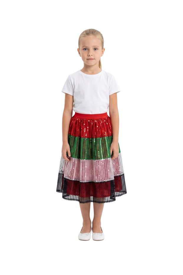 Girls' UAE National Day All-Over Sequin Flag Color Tiered Midi Skirt