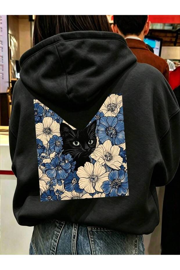 Women's Floral Cat Print Hooded Sweatshirt