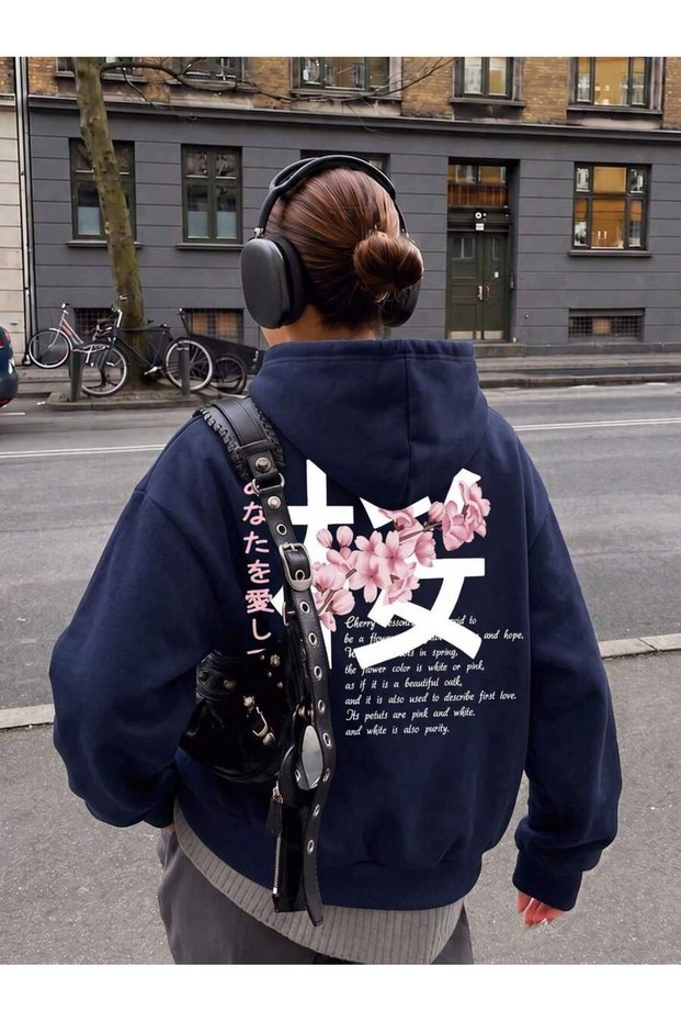 Women's Cherry Blossom and Japanese Letter Printed Hooded Sweatshirt