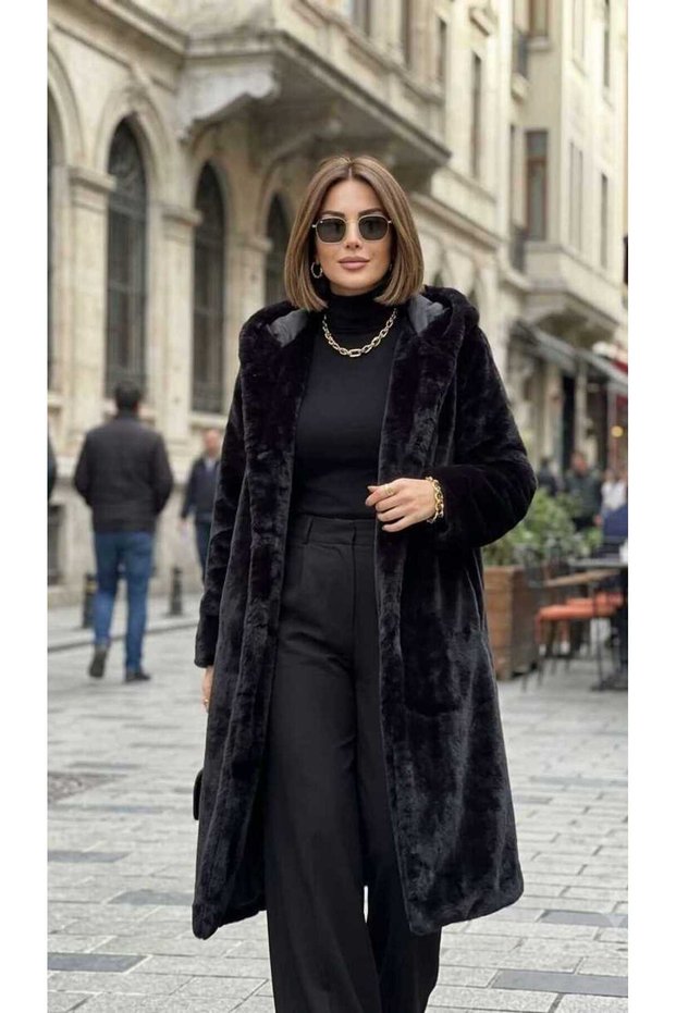 Kapüşonlu Soft Peluş Kürk Kaban