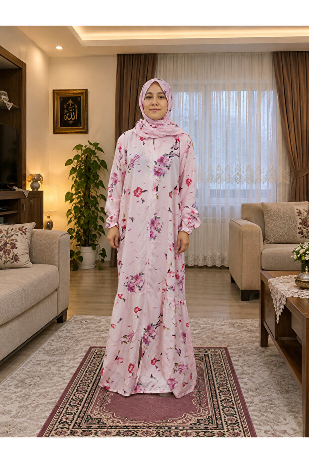 Pink Floral Patterned Zippered One-Piece Practical Prayer Dress and Headscarf Combination