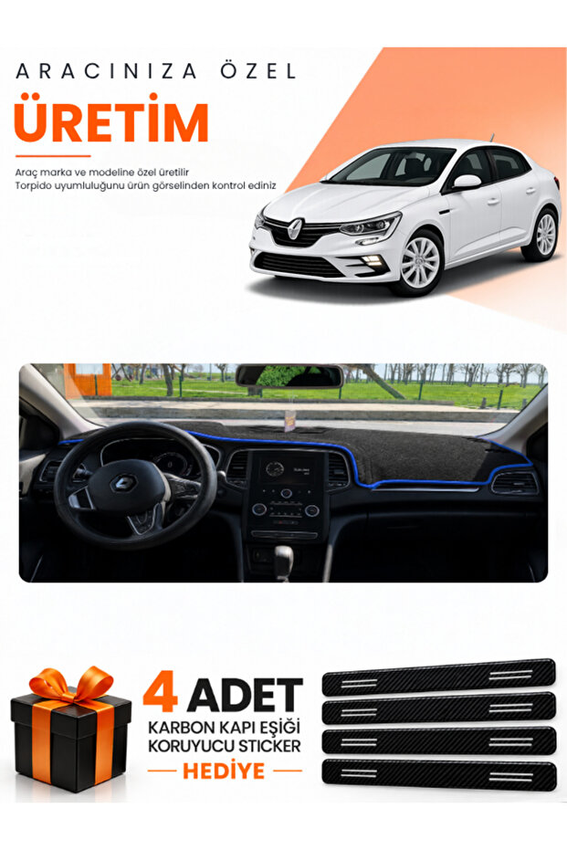 Renault Megane 4 (2016-2024) Compatible Dashboard Protection Cover Auto Cover - Black-Blue - Re041