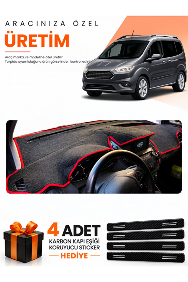 Ford Courier (2020-2023) Compatible Torpedo Protection Cover with Screen - Black-Red - Fo005