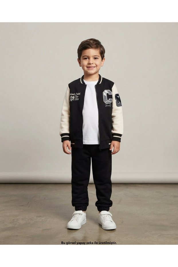 Boy's Seasonal College Jacket with C Embroidery, 6-7-8-9-10 Years Old, Cotton Compact 2-Piece Tracksuit Set