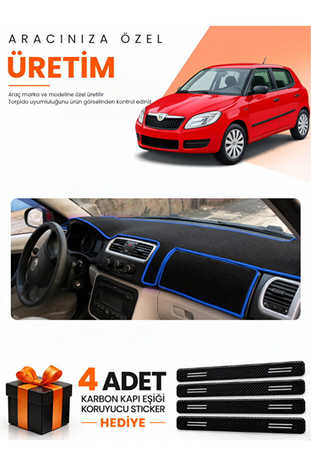 Skoda Fabia (2007-2014) Compatible Dashboard Protection Cover Auto Cover - Black-Blue - Sk002
