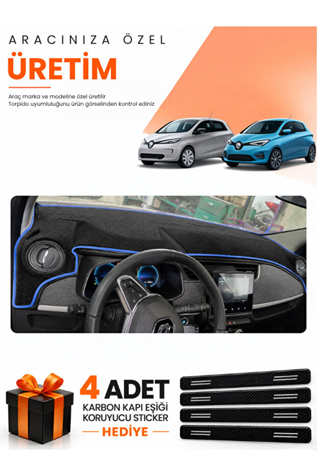Renault Zoe (2012-2024) Compatible Dashboard Protection Cover Auto Cover - Black-Blue - Re051