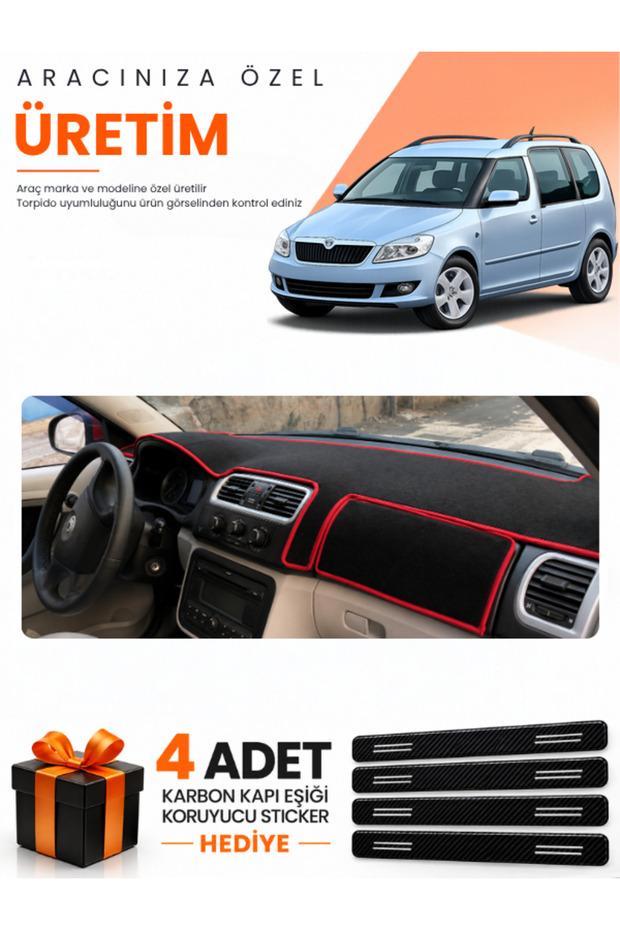 Skoda Roomstar (2006-2015) Compatible Dashboard Protection Cover Auto Cover - Black-Red - Sk002