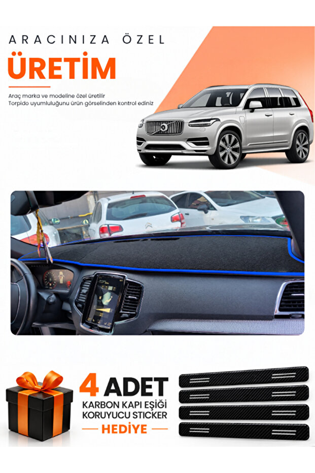 Volvo Xc-90 (2015-2024) Compatible Dashboard Protection Cover Auto Cover - Black-Blue - Vo006