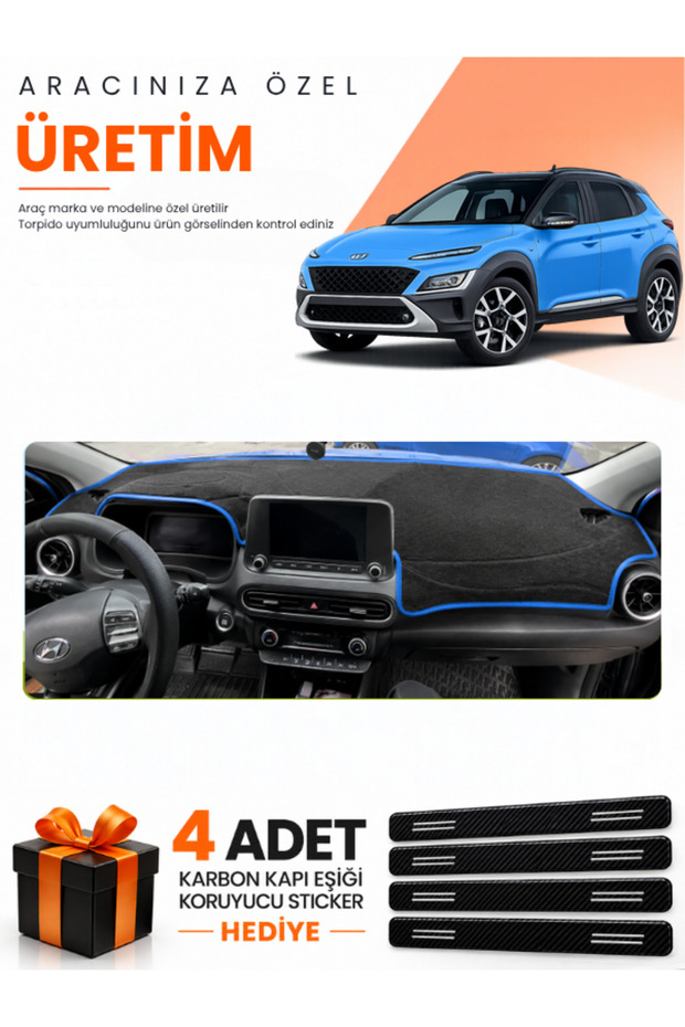 Hyundai Kona (2020-2022) Compatible Dashboard Protection Cover Auto Cover - Black-Blue - Hu038