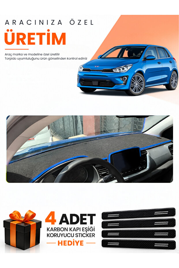Kia Rio (2019-2024) Compatible Dashboard Protection Cover Auto Cover - Black-Blue - Ki014