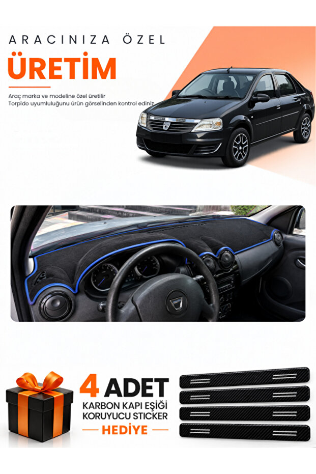 Daci̇a Logan (2009-2012) Compatible Dashboard Protection Cover Auto Cover - Black-Blue - Da005