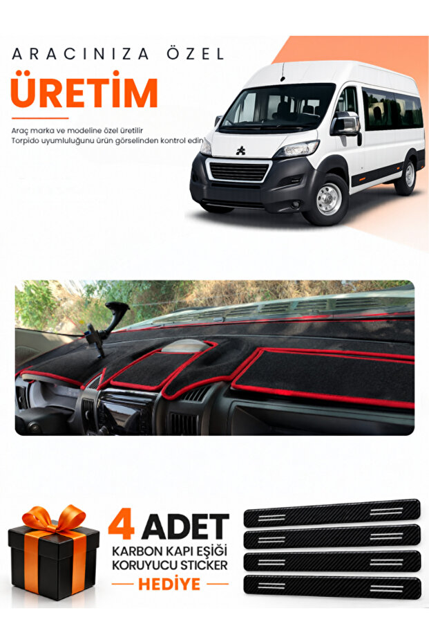 Peugeot Boxer (2017-2021) Compatible Dashboard Protection Cover Auto Cover - Black-Red - Pe026