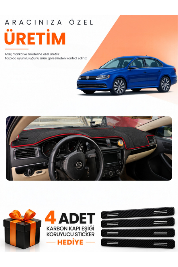 Volkswagen Jetta (2010-2018) Compatible Dashboard Protection Cover Auto Cover - Black-Red - Vw013