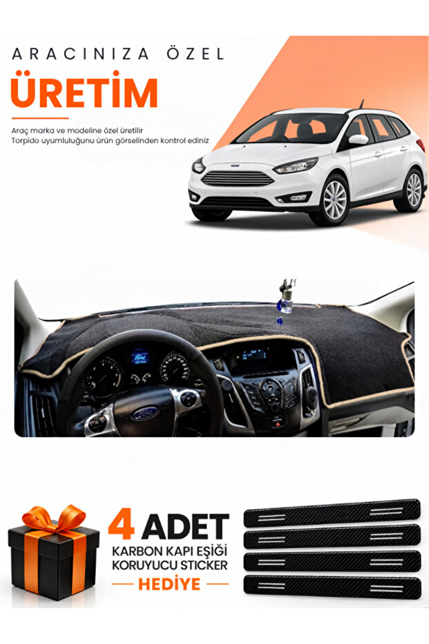 Ford Focus 3.5 Station Wagon (2014-2018) Compatible Dashboard Protection Cover Auto Cover - Black-Beige - Fo012
