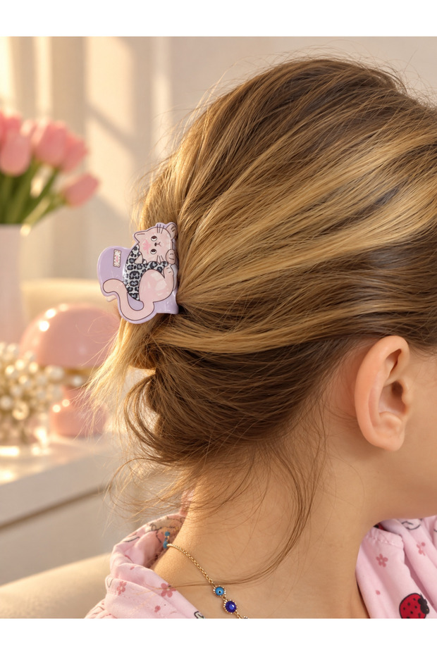 Leopard Patterned Hairpin with Cute Cat Figure – Pink Lilac Hair Accessory