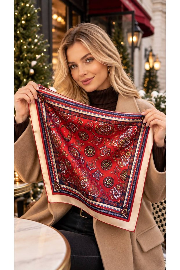 Flr27-09 Red Cotton Women's Scarf 50X50 cm