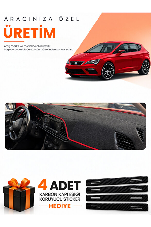 Seat Leon (2013-2020) Compatible Dashboard Protection Cover Auto Cover - Black-Red - Se006