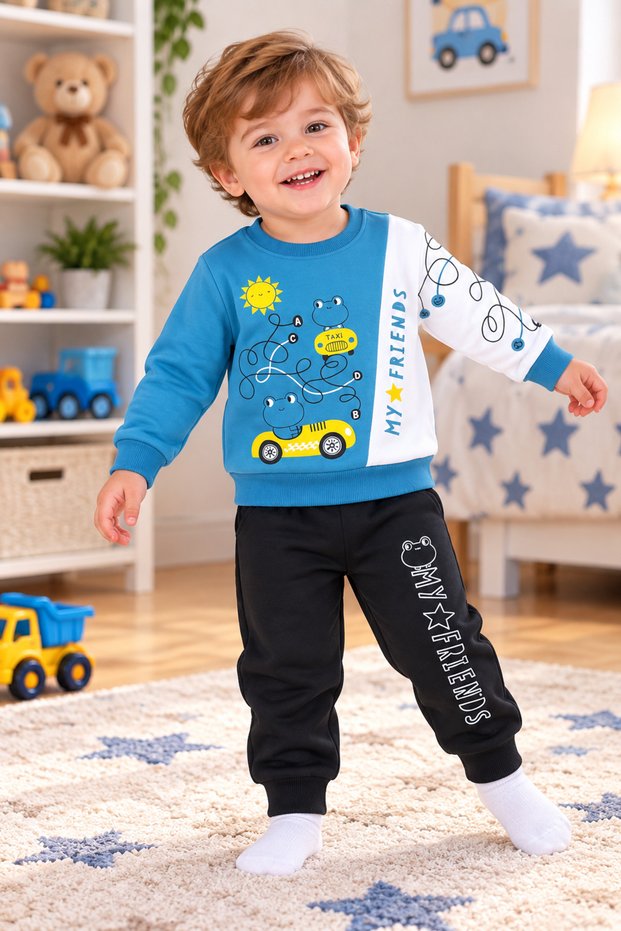Ss Gi̇yi̇m Boys' Blue and Black 2-Piece Tracksuit Set – Car and Frog Printed Sweatshirt