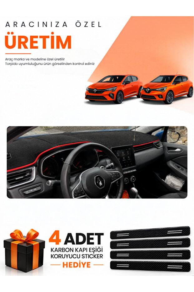 Renault Clio 5 (2019-2026) Compatible Dashboard Protection Cover Auto Cover - Black-Red - Re019