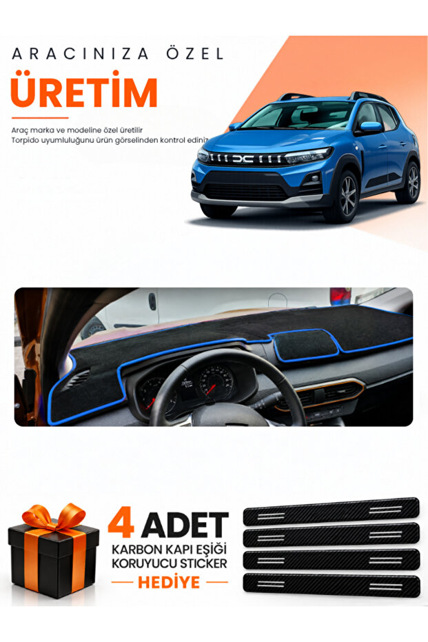 Dacia Sandero (2022-2026) Screenless Compatible Dashboard Protection Cover Auto Cover - Black-Blue - Da002