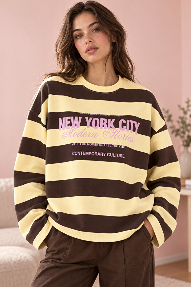 Women's 100% Cotton Yellow Striped Crew Neck Oversize Sweatshirt