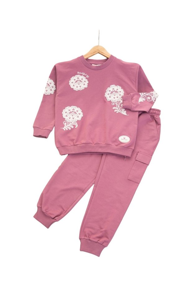 Girl's Floral Printed 6-7-8-9-10 Years Old Seasonal Cotton Compact Stylish Top and Bottom Tracksuit Set