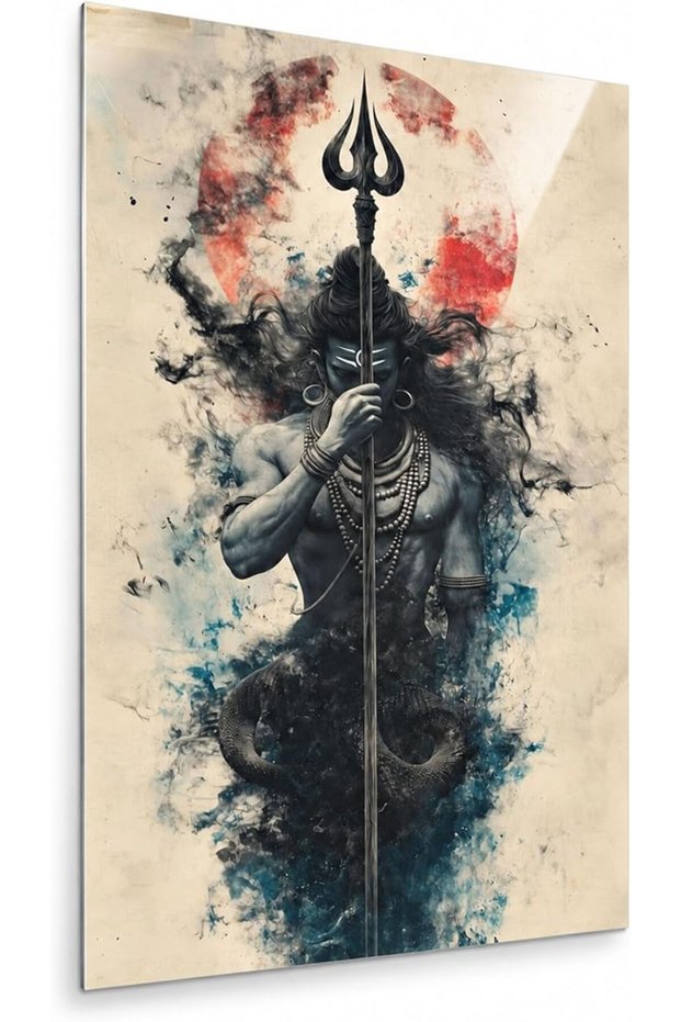Lord Shiva Metal Wall Art Poster, Glossy Aluminium Print Powerful Shiva wall decor for prayer rooms, meditation spaces and modern homes, Large ( 30 x 42 cm )