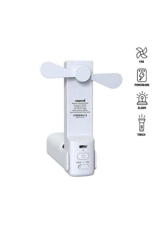 Zephyr - 4-in-1 Fan Powerbank, Safety Alarm & Torch - White
