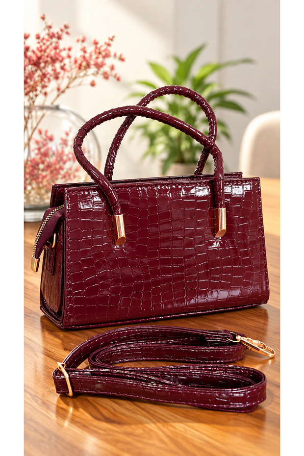 Crocodile Patterned Women's Hand and Shoulder Bag with Gold Detail