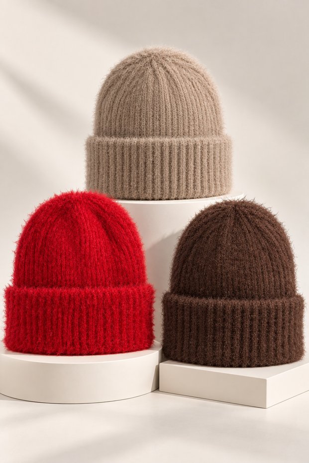 Women's Plush Textured Soft Winter Warm Beanie 3-Piece Set Beige + Red + Brown