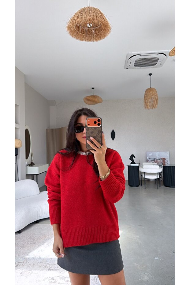 Red Collared Sweater with Stones