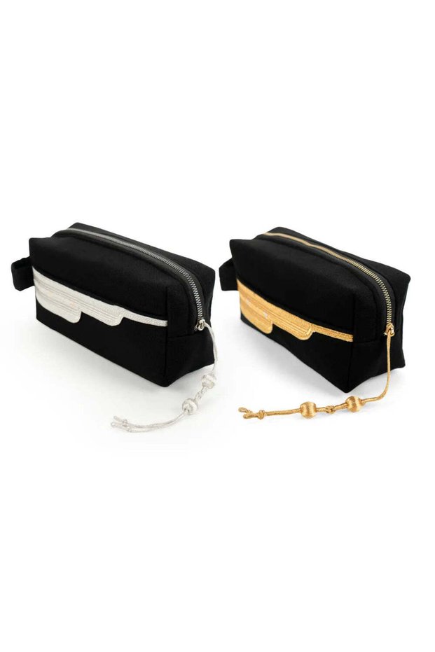 Black Multi-Purpose Utility & Cosmetic Pouch with Bisht Embroidery, Silver