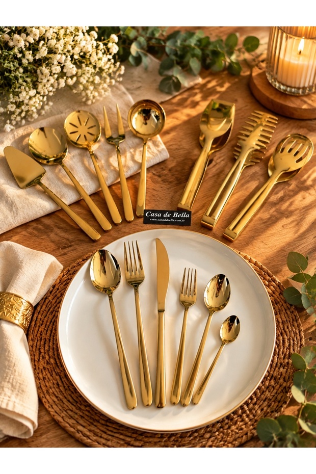 Gold 80 Piece 12 Person Cutlery Set with Forks, Spoons, Knives and 8 Piece Serving Set