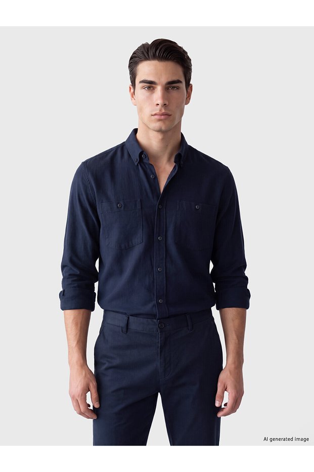 Ozmarka New Season Navy Blue Regular Fit Gabardine Men's Shirt