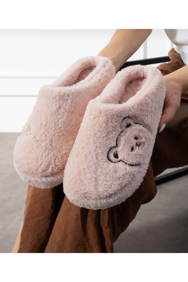 Women's Teddy Bear Patterned Winter Home Slippers Soft Thick Sole Warm Indoor Comfortable Slippers Guest Dowry Gift