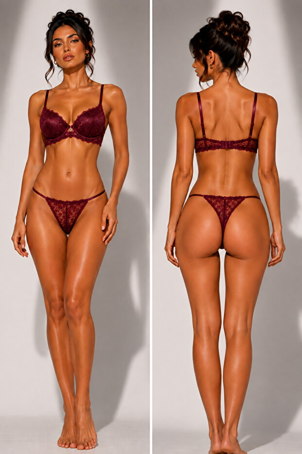 Women's Knitted Lace Detailed Supported Covered B Cup Women's Underwear Set
