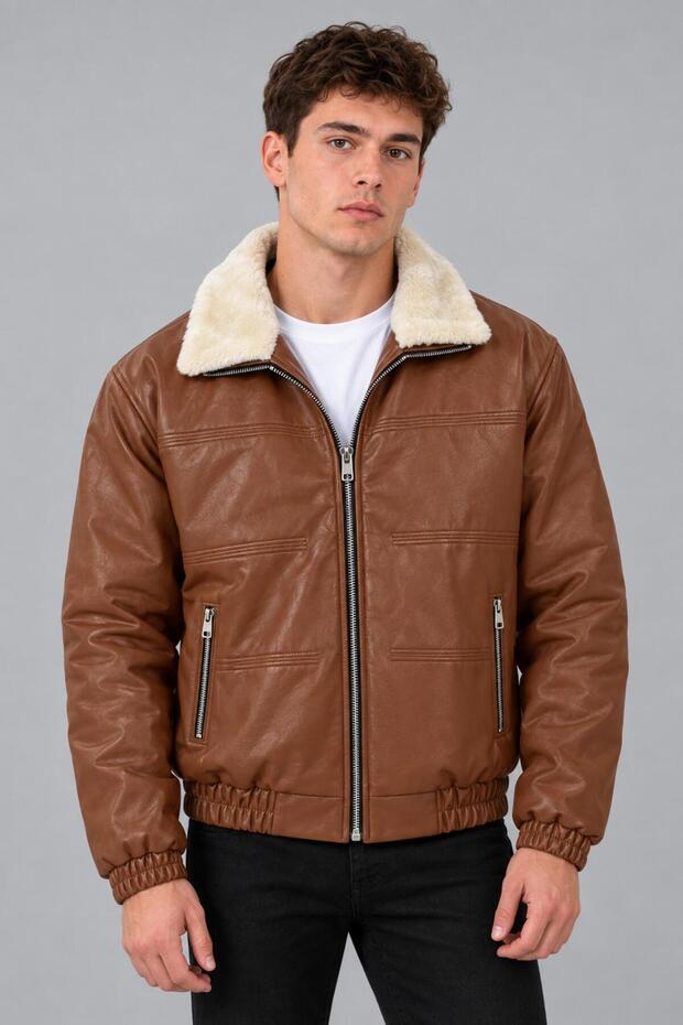 Faux Leather Winter Coat with Fur Collar and Padding Kmd 894_50537