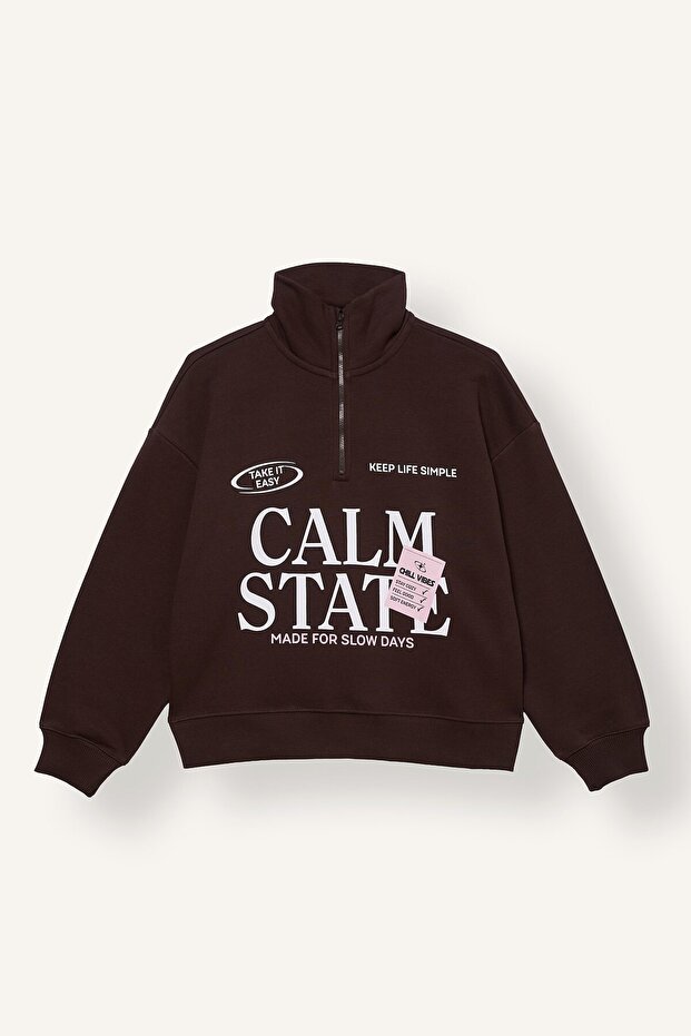 Oversize Half Zipper Printed Thick Sweatshirt for Girls I8344A826Wn
