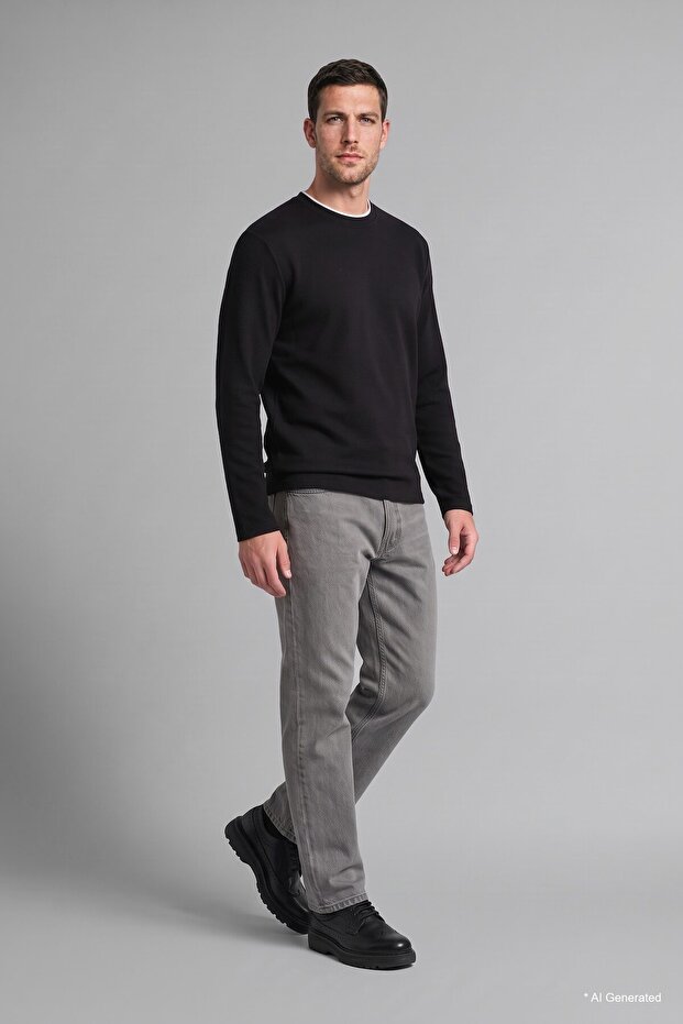 Regular Fit Double Collar Detailed Waffle Long Sleeve Basic T-Shirt I2051Ax26Wn