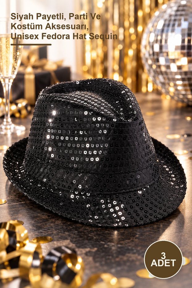 3 Pieces Fedora Hats – Black Sequined, Party and Costume Accessory, Unisex Fedora Hat Sequin